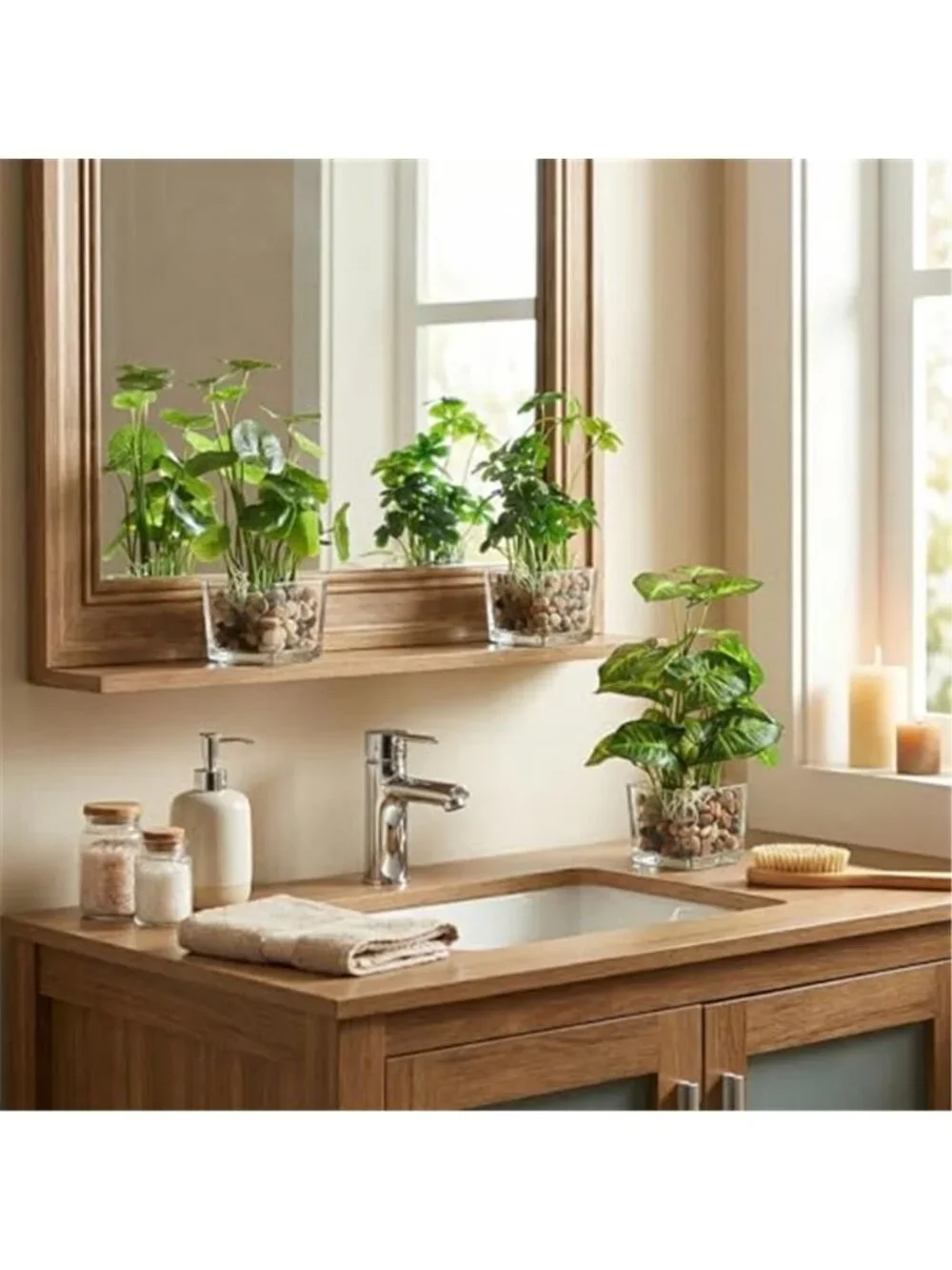 Artificial Plant Set Glass Cube Pots Faux Taro Lotus Clover Home Decor